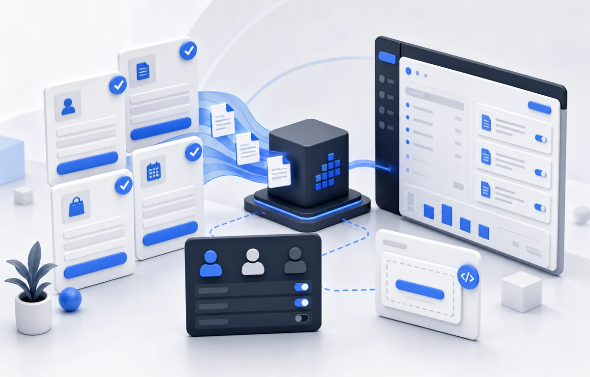 Business plan illustration with multiple forms and user groups