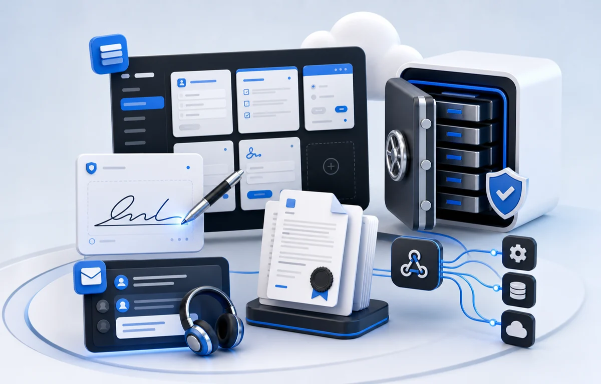 Business Plus plan illustration with signatures, PDFs, support, and webhooks