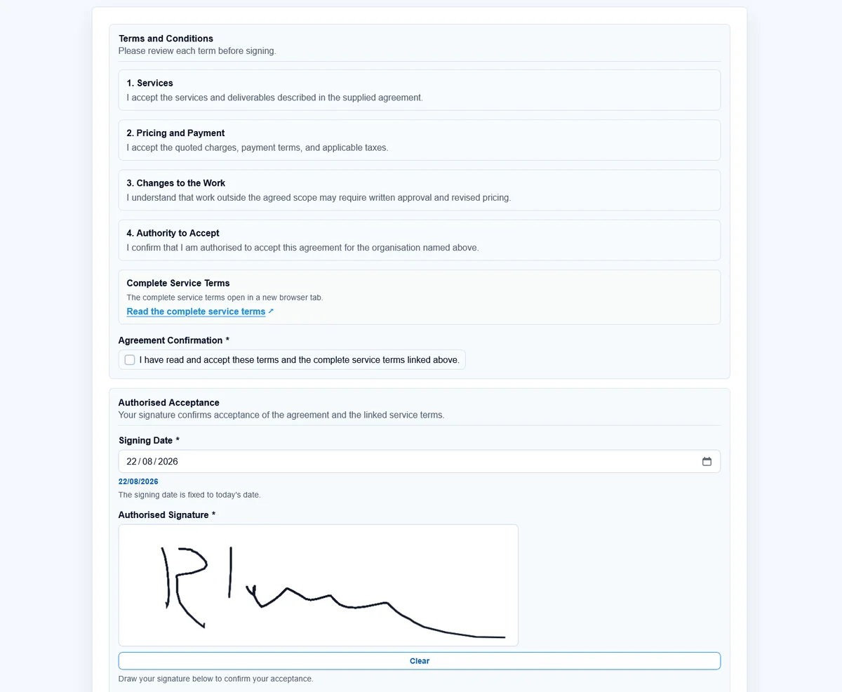 EleosForms agreement form showing complete service terms, acceptance, signing date, and an electronic signature