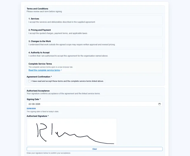 Forms Manager contract form showing service terms, agreement confirmation, signing date, and electronic signature capture