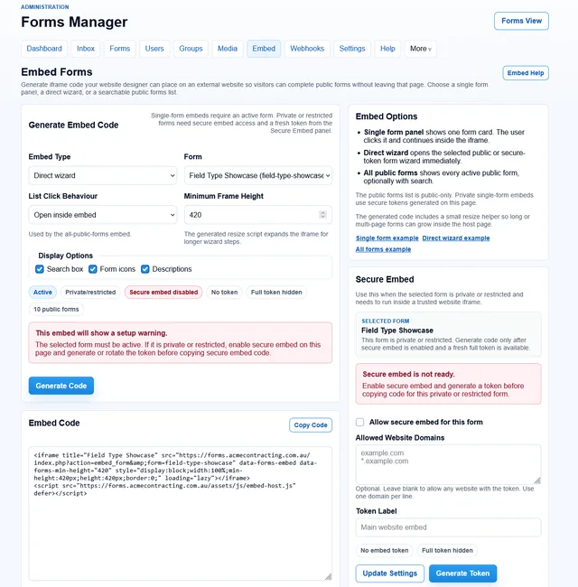 Forms Manager embed code generator with direct wizard, public directory, and secure embed options