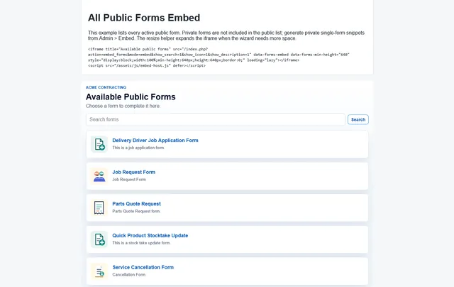 A collection of public Forms Manager forms embedded into an existing website