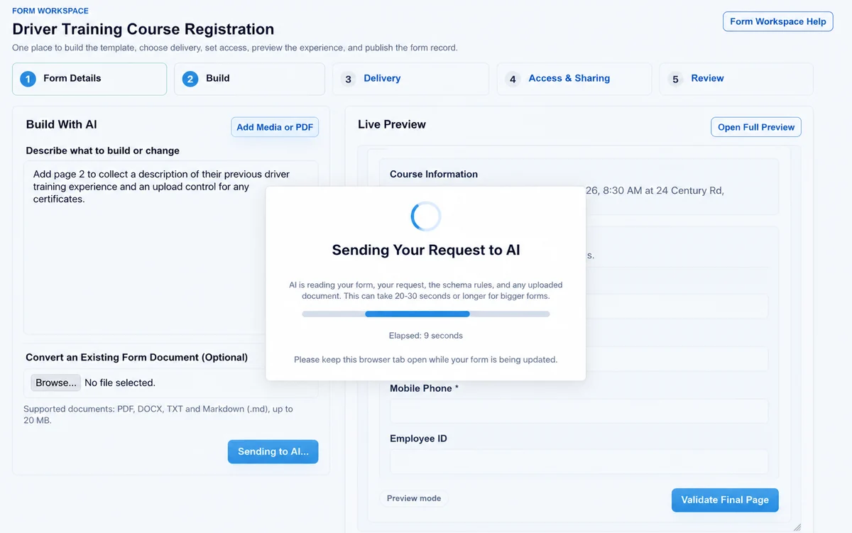 EleosForms AI Form Builder creating a driver training registration form alongside its live preview