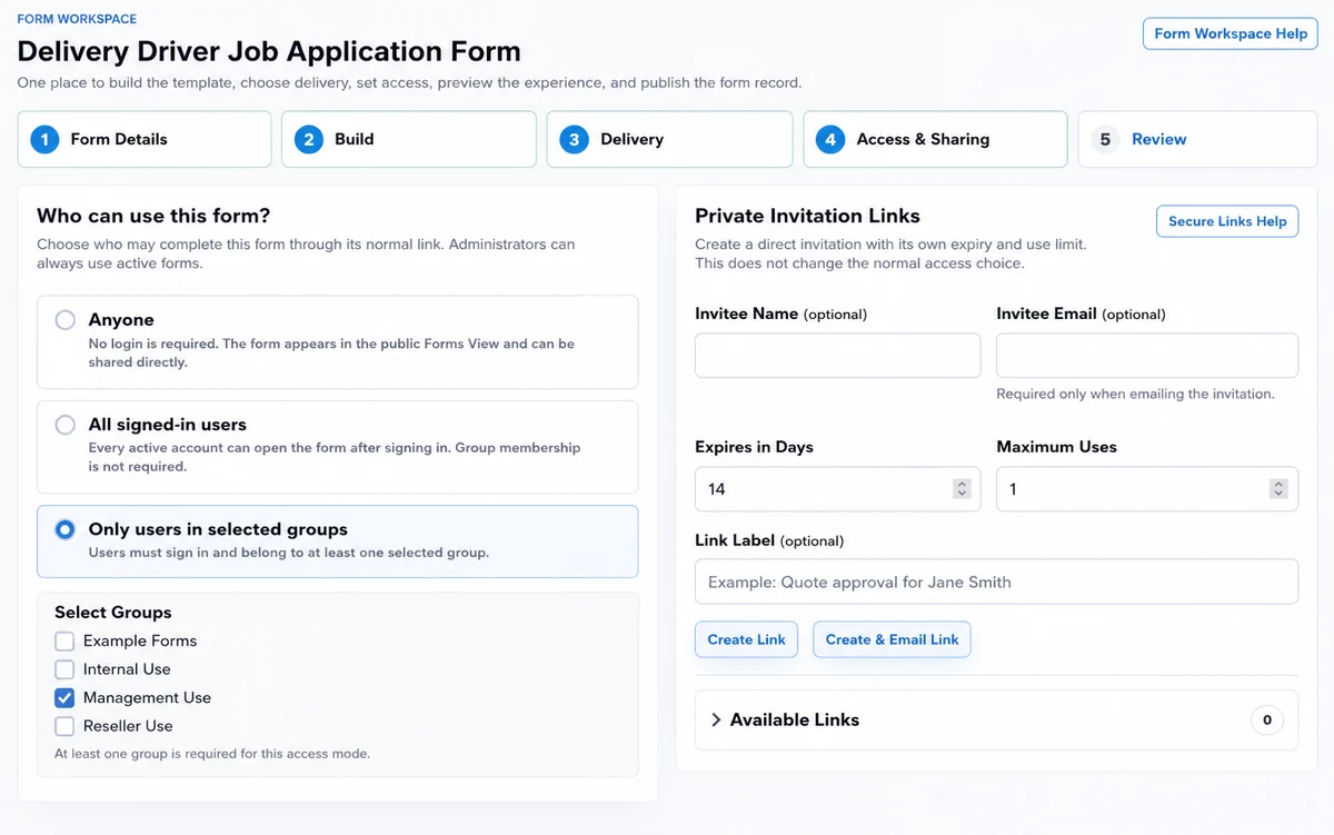 EleosForms access controls and private invitation links for personalised Dynamic Forms