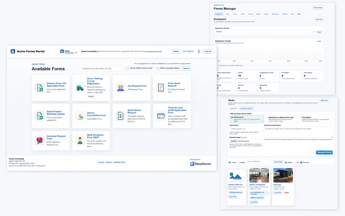 Dedicated Forms Manager environment showing a customer forms portal, private administration dashboard, and media library
