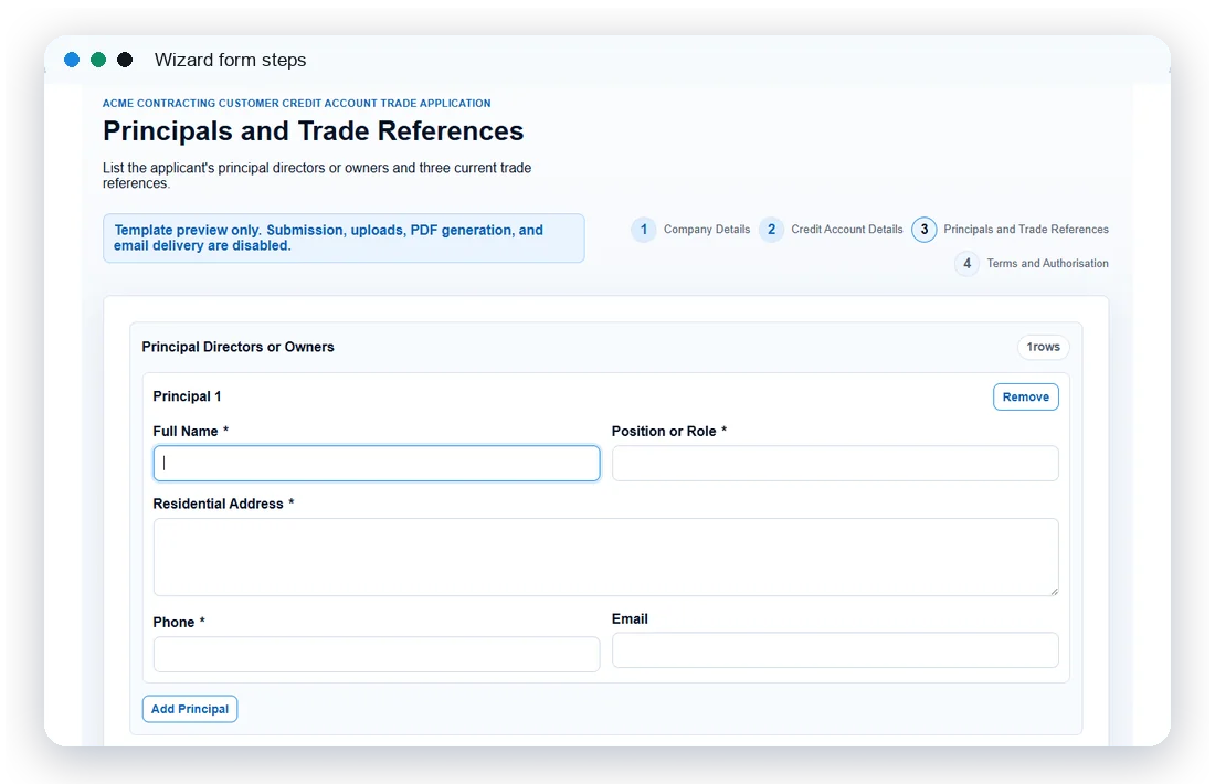 EleosForms wizard form showing repeatable principal details