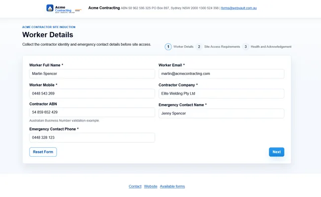Branded contractor site induction form showing the first step of a three-page wizard