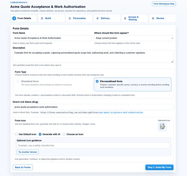 Form Workspace form details step configuring a personalised quote acceptance form