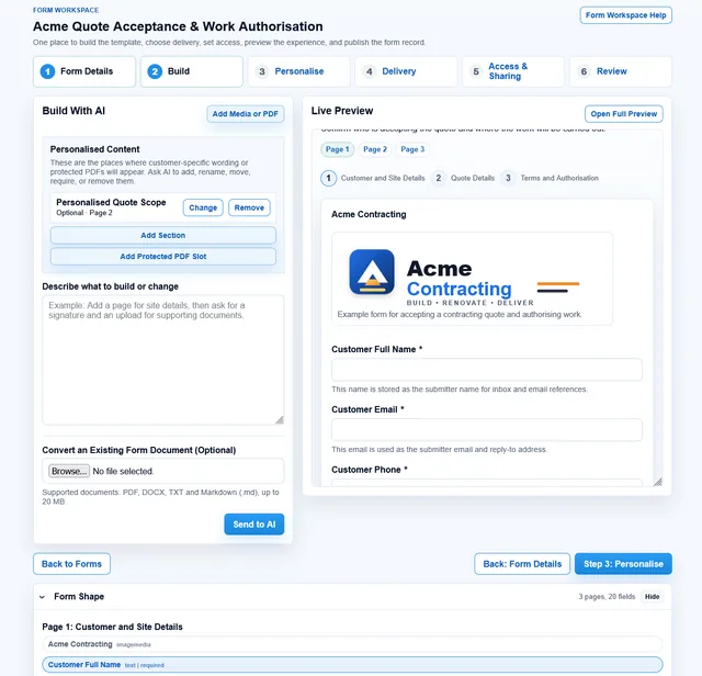 Form Workspace build step with AI instructions, personalised content, and a live form preview