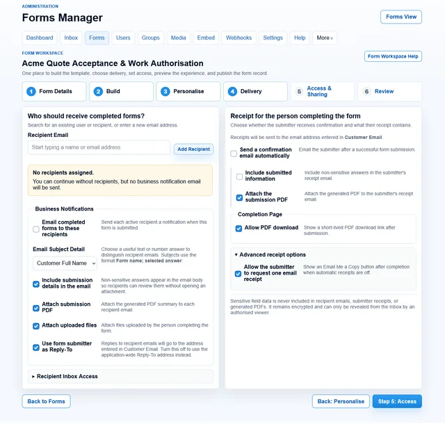 Form Workspace delivery settings for business notifications, PDF attachments, and submitter receipts