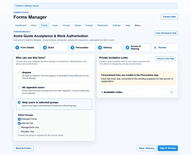Form Workspace access and sharing step with group access and private invitation links