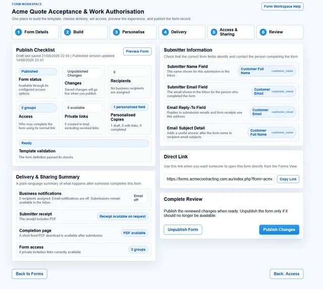 Form Workspace review step showing form readiness, delivery, access, and publishing controls