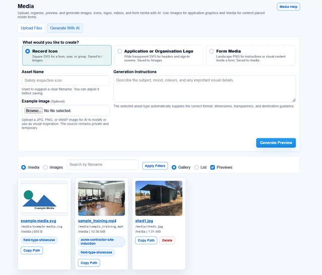 Forms Manager media library generating form icons, logos, and visual content with AI