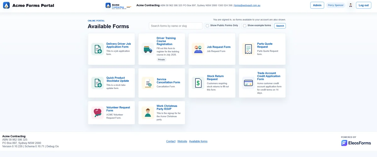 A dedicated Forms Manager portal showing the forms available to a customer
