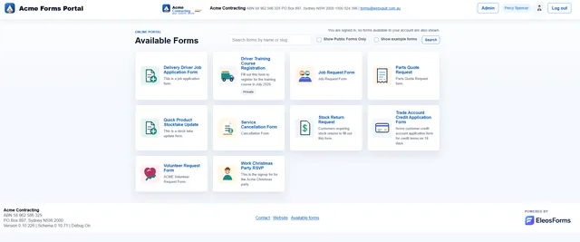 Branded Forms Manager portal showing public and private forms available to a signed-in user