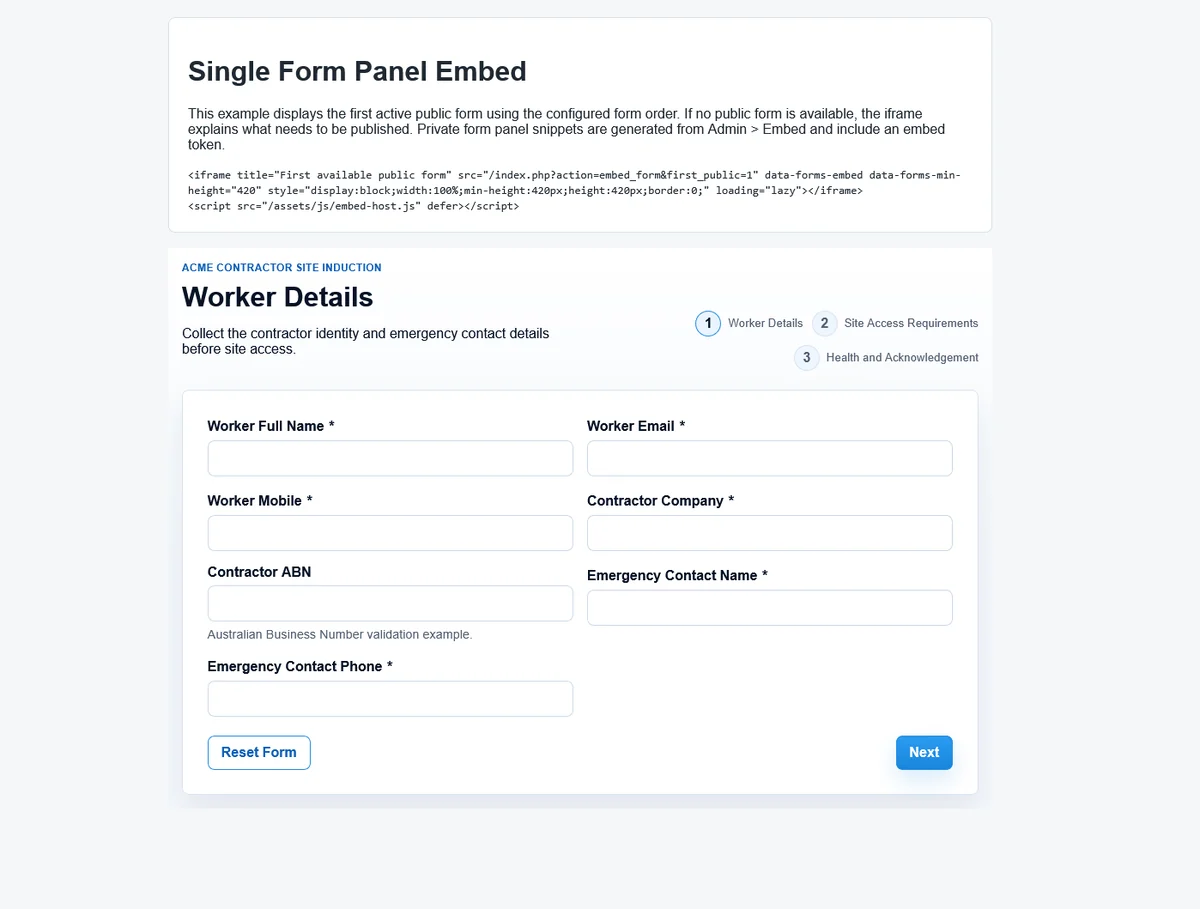 A complete Forms Manager wizard embedded directly into a business website
