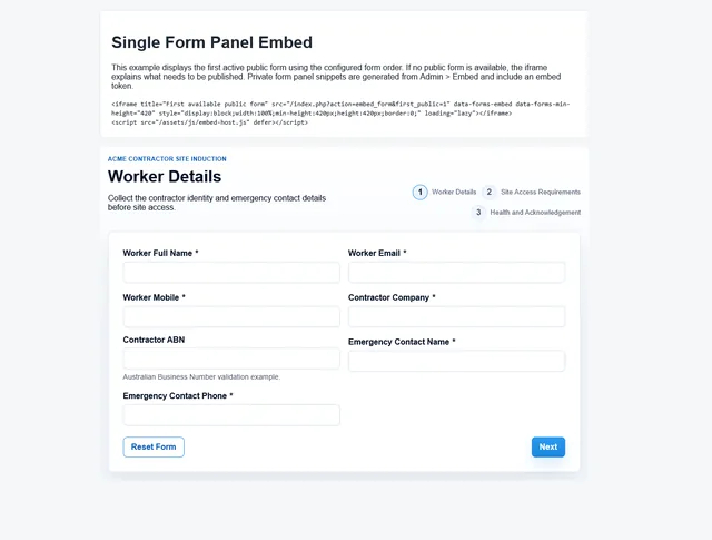 A complete Forms Manager wizard embedded directly inside an organisation website