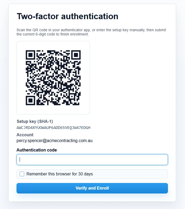 Two-factor authentication enrollment screen