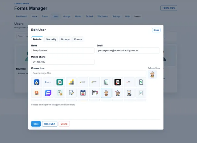 Forms Manager user management dialog with details, security, groups, forms, icon selection, and two-factor controls