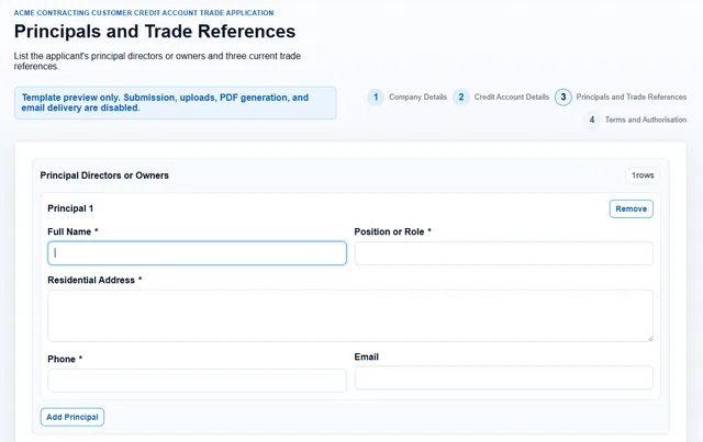 Wizard form showing repeatable principal rows